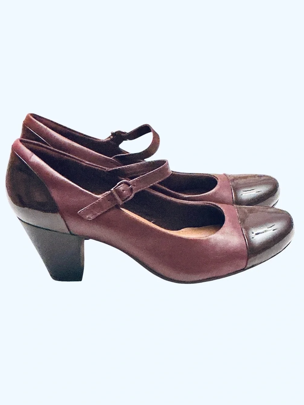 Clarks Burgundy Leather Mary Jane Pump Patent Accents Women’s Size 10 W